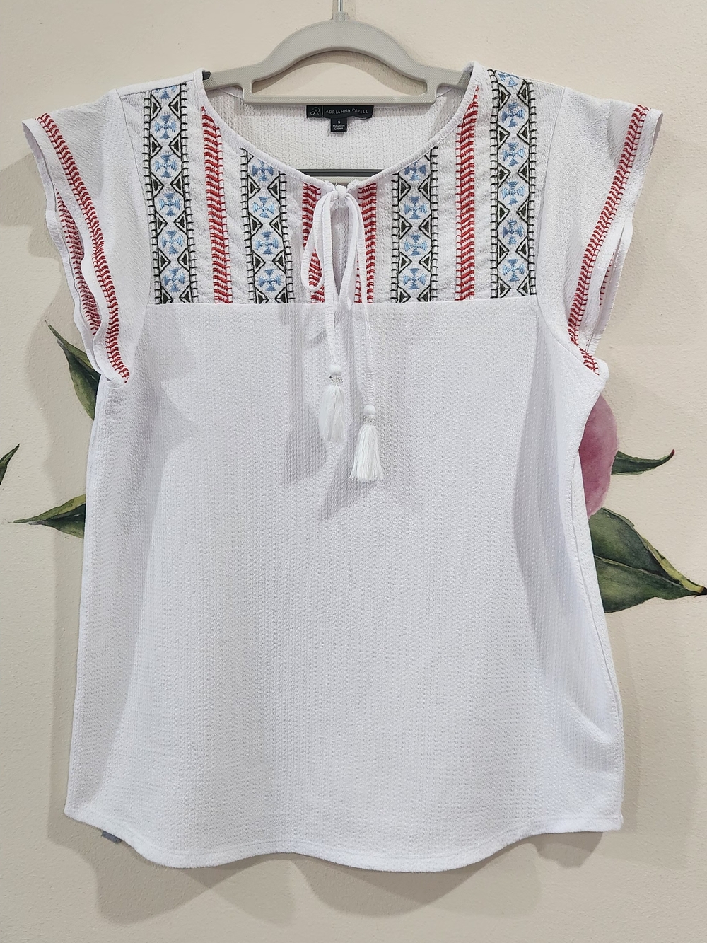 White Embroidered Peasant Top with Tassel Tie